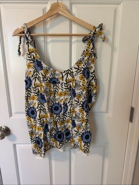 K Jordan Floral Tie-Shoulder Tank in Blue, Yellow & White